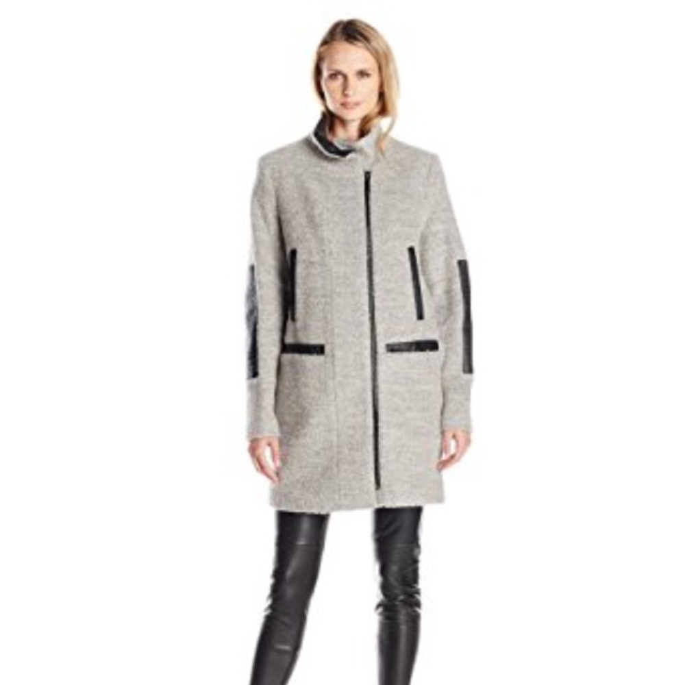 Vince Camuto Boucle Faux Leather Trim Coat
